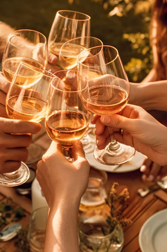 a group of people toasting with wine glasses over a table