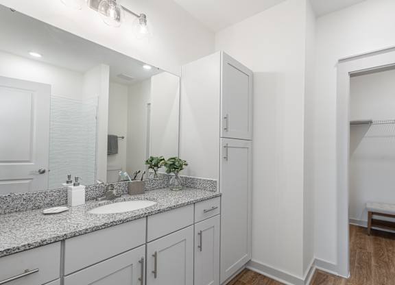 bathroom with granite countertops and walk in closets at Allier Port Wentworth Apartments, Georgia, 31407