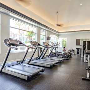 A gym with treadmills and other exercise equipment.