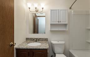 A bathroom with a sink, toilet, and a mirror.