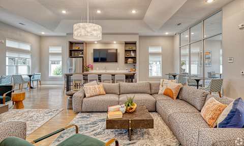 A modern living room with a grey sofa and a coffee table.