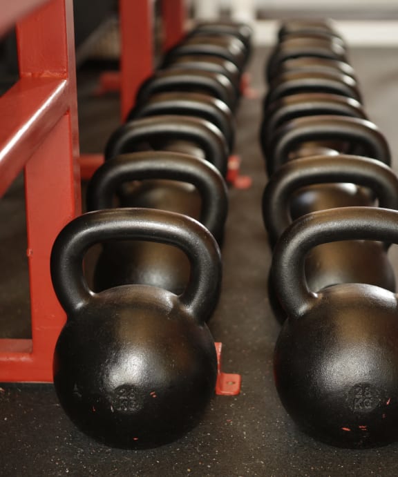 a row of kettlebell weights in a gym at Hidden Creek, Morrow