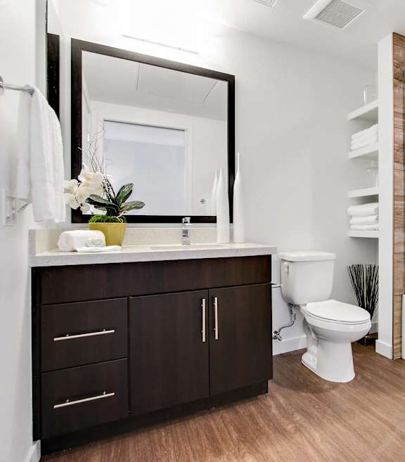 A bathroom with a toilet, sink, and a mirror.