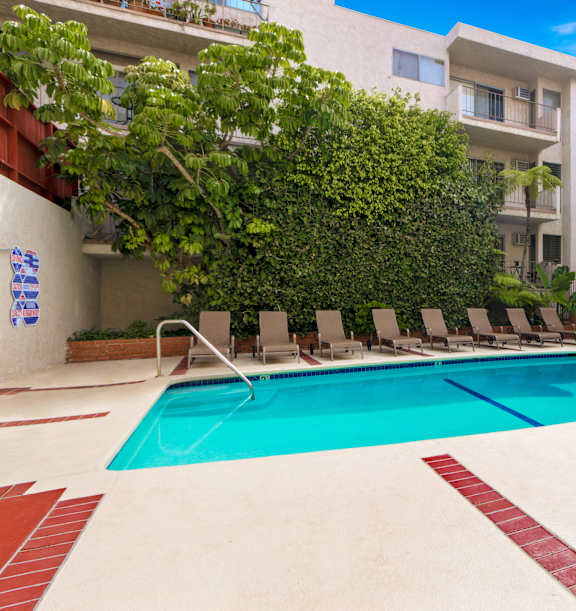 A swimming pool surrounded by a green wall and lounge chairs.