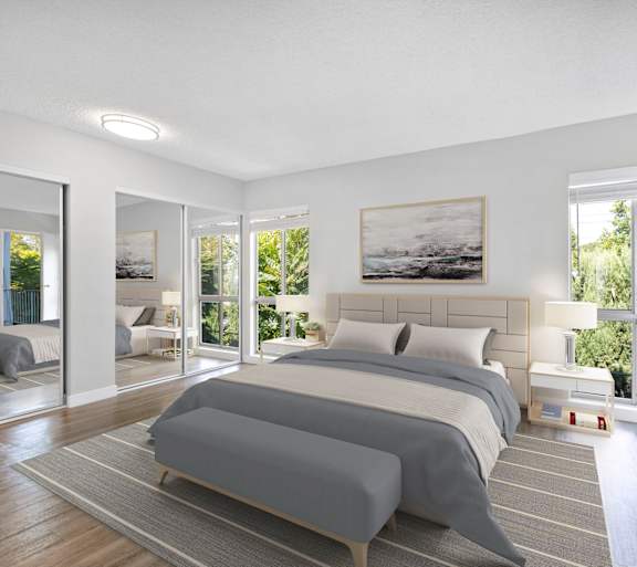 A bedroom with a large bed and a painting on the wall.