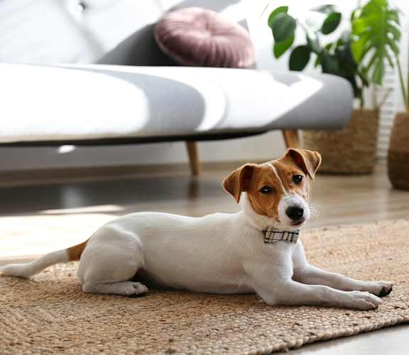 A dog with a collar is lying on a rug in a living room at Avilla Deer Valley, Phoenix, AZ, 85085