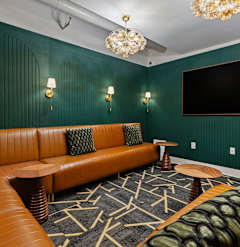 A cinema room with a large screen and a row of seats at The Carousel, Virginia