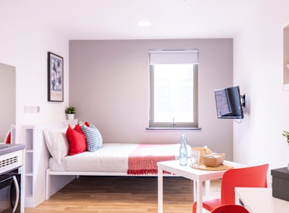 a living room with a bed and a table and a television