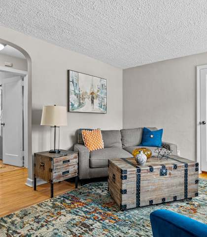 a living room with a couch and a chair and a rug