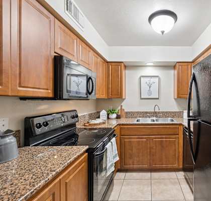 A black refrigerator is in the corner of a kitchen.