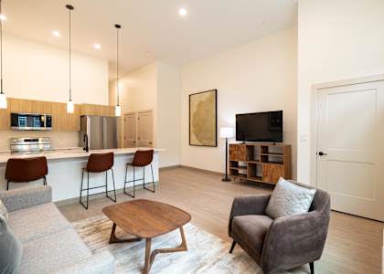 A modern living room with a bar area and a television.