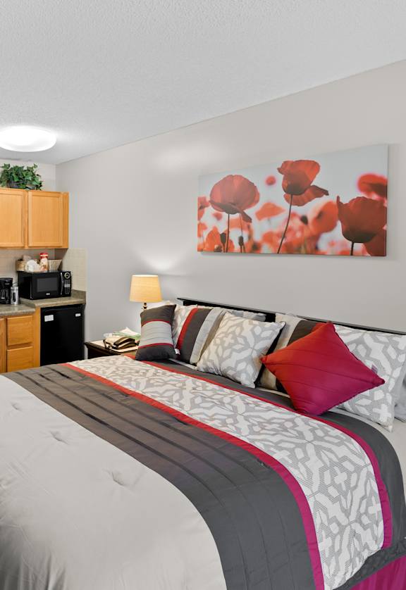 A bedroom with a bed, a sink, and a fridge.