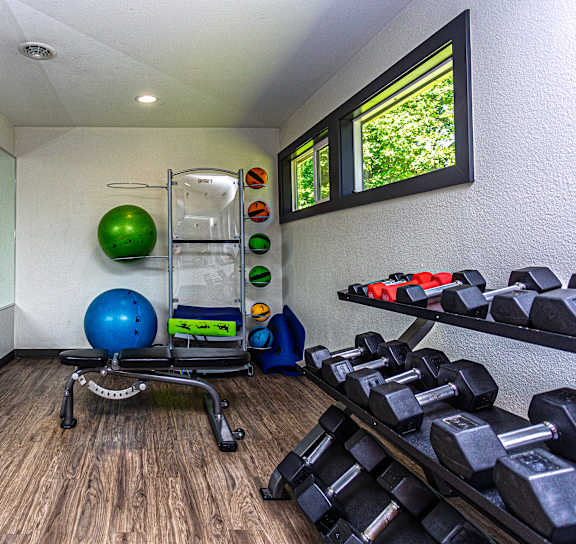 A gym room with a bench, weights, and exercise balls at Ellyson Apartment Homes in Tacoma, WA