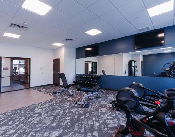 a gym with various bikes and weights on the floor and a television on the wall