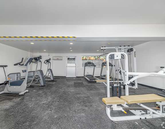 A gym with a variety of equipment including treadmills, stationary bikes, and weight machines.