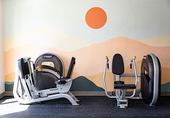 Two exercise machines are in a room with a painted sun and mountain on the wall.