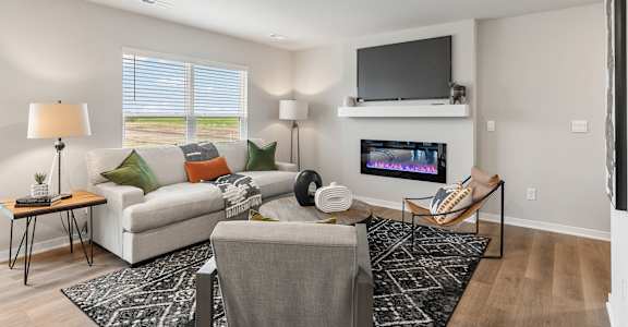 A living room with a grey couch, a black and white rug, a television and a fireplace.