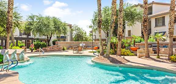 A pool surrounded by palm trees and plants.
