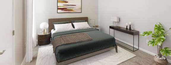 Hunters Pointe Apartments in Charlotte North Carolina photo of a bedroom with a bed and a ceiling fan