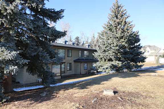 A house with a snow-covered ground and trees.