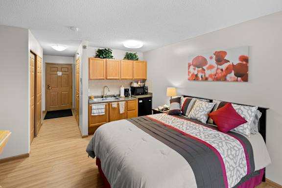 A bedroom with a bed, a sink, and a fridge.