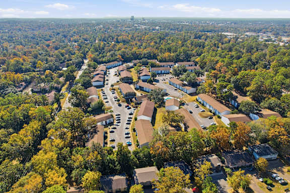 A bird's eye view of a residential area with houses and trees.
