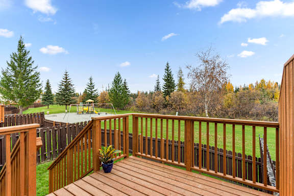 A wooden deck with a potted plant on it.