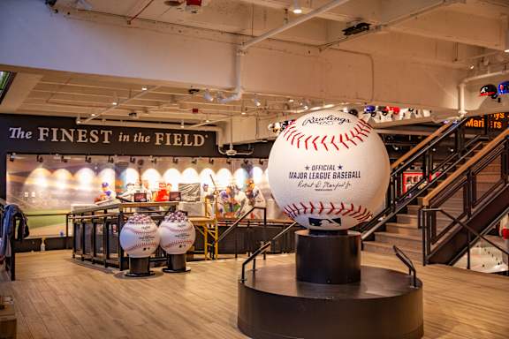 A Major League Baseball exhibit is on display in a museum.