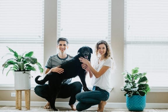 a man and woman holding a dog in a living room