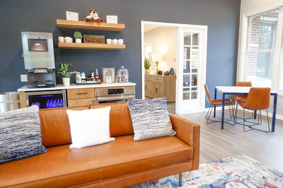 Coffee bar and lounging area in clubhouse
