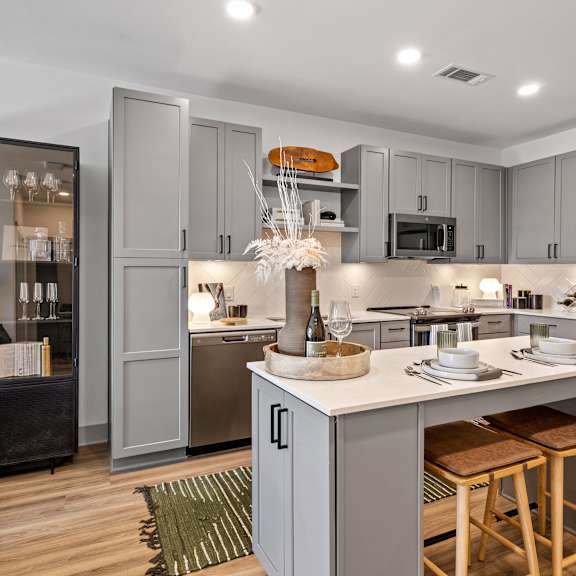 a kitchen with a large island and stainless steel appliances  at South and Hollis, Charlotte, NC, 28209