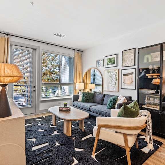 a living room with a gray couch and a coffee table  at South and Hollis, Charlotte, NC