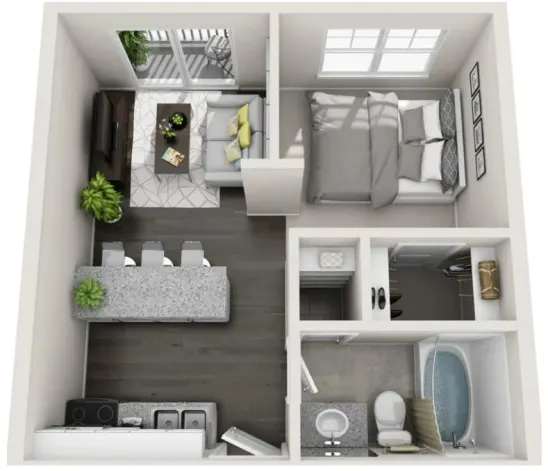 A 3D floor plan of a small apartment with a living room, kitchen, and bathroom.