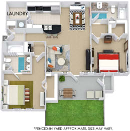 Montreal with Fenced-in Yard 3D. 2 bedroom apartment. Kitchen with bartop open to living/dining rooms. 2 full bathrooms, double vanity in master. Walk-in closet. Patio/balcony open to yard.