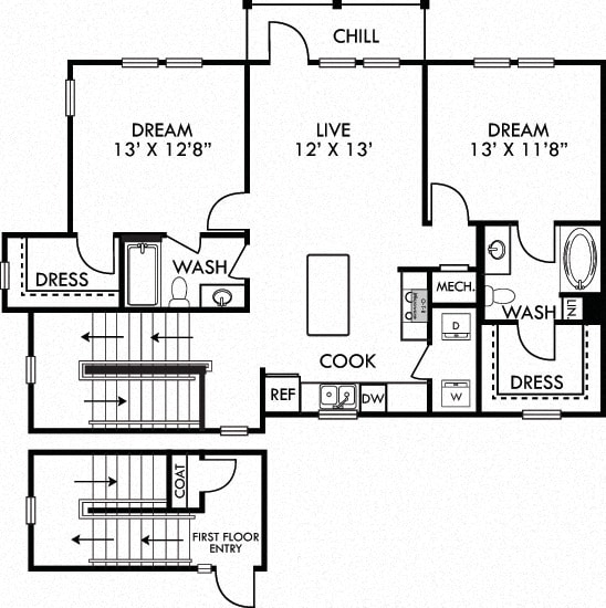 The Joplin. 2 bedroom apartment. 1st floor entry. Kitchen with island open to living room. 2 full bathroom. Walk-in closets. Patio/balcony.