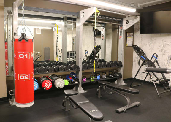a gym with weights and a punching bag in it