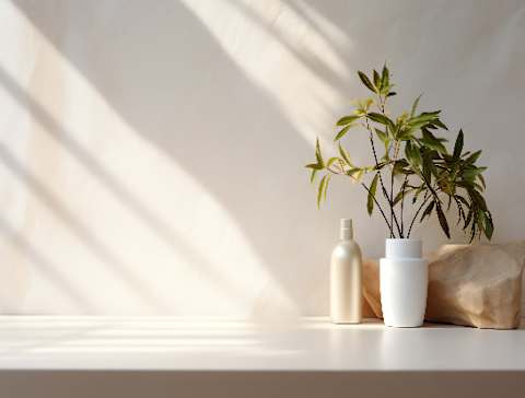 a table with a plant and a bottle on it