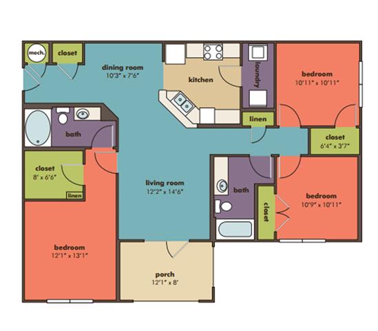 3 bedroom 2 bathroom Vega Floorplan 3 bedroom 2 bathroom Vega Floorplan at Abberly Crossing Apartment Homes by HHHunt, Ladson, 29456