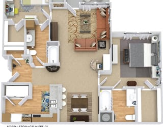 Hickory 3D. 2 bedroom apartment. Kitchen with bartop open to living/dinning rooms. 2 full bathrooms. Walk-in closets. Patio/balcony with storage.