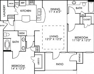 The Berlin with Fenced-in Yard. 2 bedroom apartment. Kitchen with bartop open to living/dining rooms. 2 full bathrooms, double vanity in master. Walk-in closets. Patio/balcony open to yard.