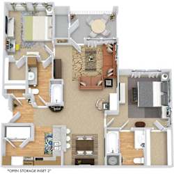 Hickory 3D. 2 bedroom apartment. Kitchen with bartop open to living/dinning rooms. 2 full bathrooms. Walk-in closets. Patio/balcony with storage.