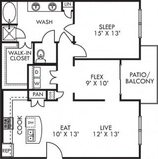 Monarch. 1 bedroom apartment. Kitchen with island open to living/dinning rooms. 1 full bathroom. Walk-in closet. Flex room/den. Patio/balcony.