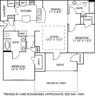 The Berlin with Fenced-in Yard. 2 bedroom apartment. Kitchen with bartop open to living/dining rooms. 2 full bathrooms, double vanity in master. Walk-in closets. Patio/balcony open to yard.