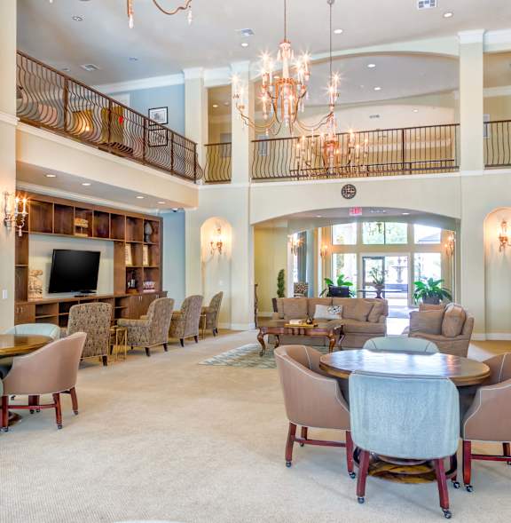 Large, well-furnished living room at The Laurel at Vintage Park 55+ Apartments, Texas