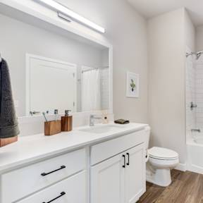 a bathroom with a large mirror and a toilet and a shower
