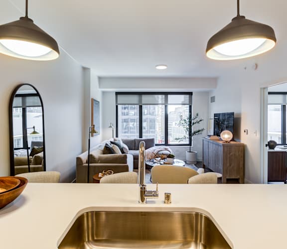 A modern kitchen with a large sink and a bowl on the counter.