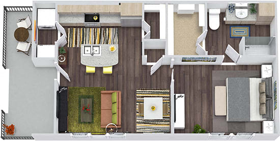 The Barton 3D. 1 bedroom apartment. Kitchen with island open to living/dinning room. 1 full bathroom, shower stall. Walk-in closet. Optional Patio/balcony.