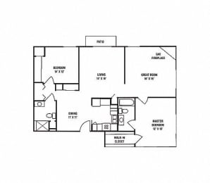 Floor Plan  F1 - 2 Bedroom, 2 Bath with Greatroom and Fireplace