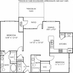 Rainey with Fenced-in Yard 2 bedroom apartment. Kitchen with bartop open to living & dining rooms. Coffee bar in kitchen. 2 full bathrooms, double vanity in master. Walk-in closet in both bedrooms.