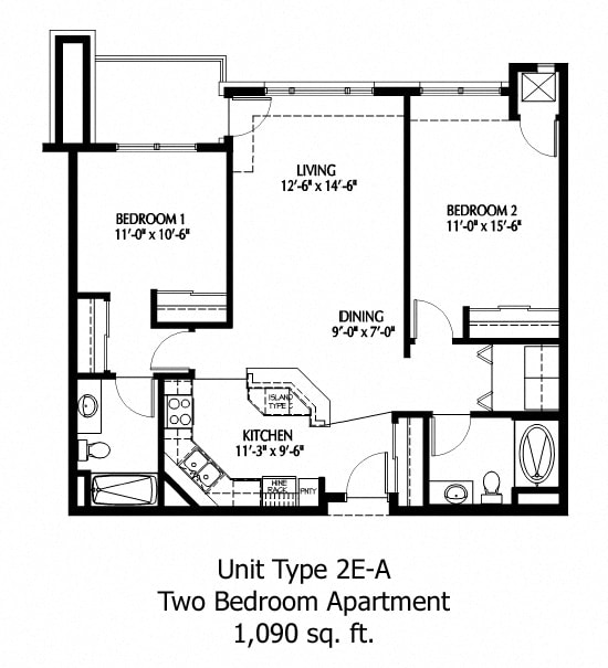 Floor Plan  Two Bedroom floor plan at The Bluffs at Nine Mile Creek, Eden Prairie, MN